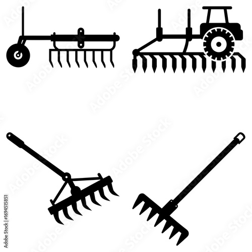 Illustration showing a variety of farming equipment including tractor and several types of rakes and tillers