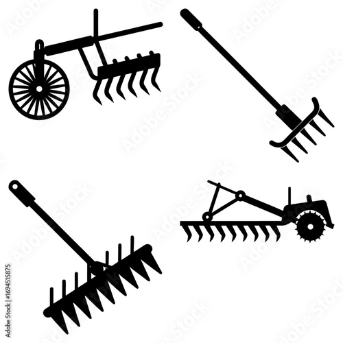Illustration showing a collection of different types of rakes and plows in a black and white design