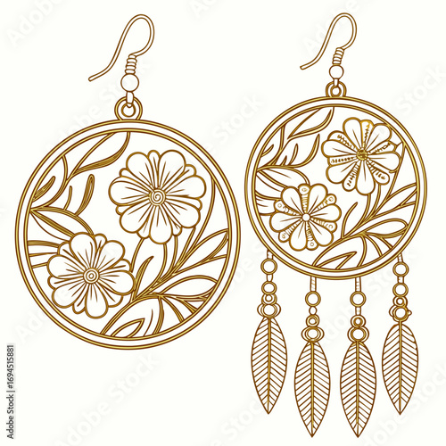 Elegant gold outline floral design earrings with dangling feathers and beads on a white background