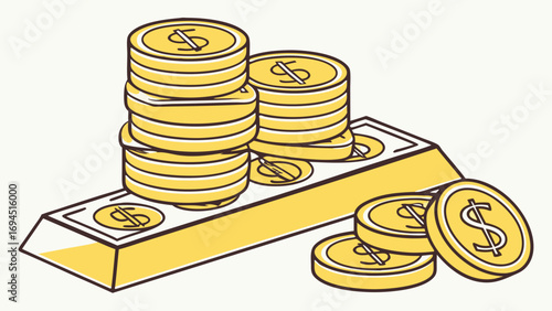 Golden coins stacked high on a gold bar with dollar signs symbolizing wealth and financial success