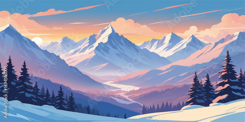 Golden light on snow-covered mountain peaks at sunset, a panoramic winter landscape