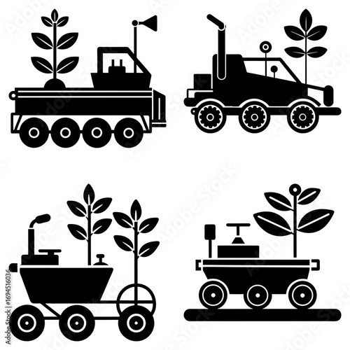 Illustration of four different agricultural rover vehicles growing plants in black and white graphic style