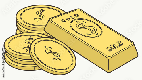 Golden coins with dollar signs stacked next to a shiny gold bar with the word gold and dollar sign
