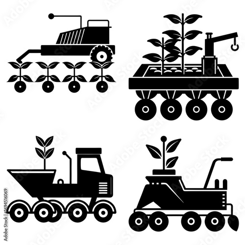 Four agricultural machines cultivating plants in a futuristic farming concept illustration art work