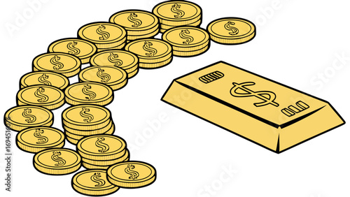 Golden dollar coins arranged in a curve next to a shiny gold bar with dollar sign