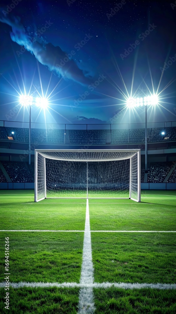 Fototapeta premium Illuminated soccer goal at night game.