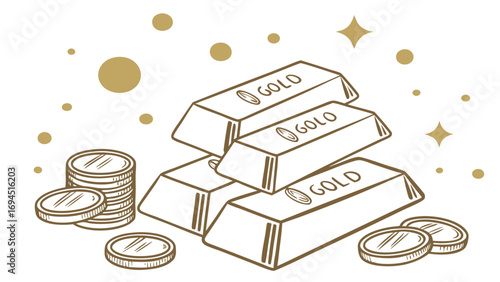 Hand drawn illustration of stacked gold bars and coins with sparkling decorative elements on a white background