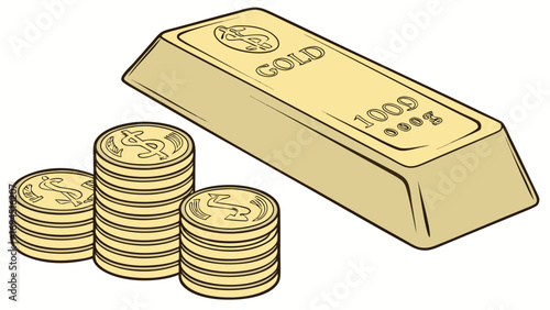 Golden wealth represented by a shiny gold bar and stacks of coins with dollar signs