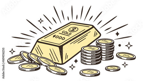 Illustration of a gleaming gold bar surrounded by stacks of gold coins and scattered coins with sparkles and rays emanating from the bar