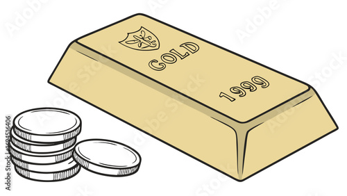 Illustration of a gold bar with the word gold and the year 1999 embossed next to a stack of gold coins
