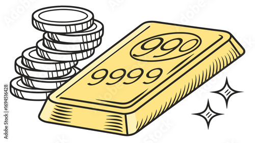 Illustration of a gold bullion bar and a stack of gold coins with shiny sparkles indicating wealth and value