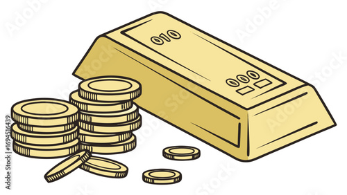 Illustration of a golden bar and stacks of gold coins representing wealth and financial success