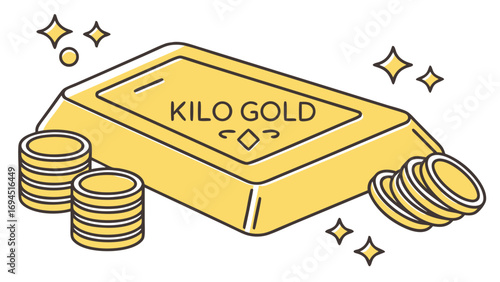Illustration of a golden kilo gold bar surrounded by stacks of coins and sparkling stars