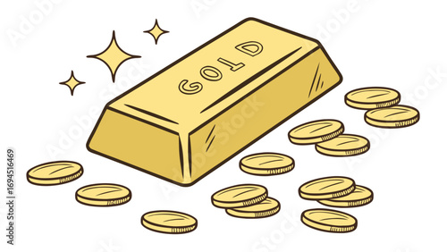 Illustration of a shiny gold bar surrounded by scattered golden coins and sparkling stars on a white background