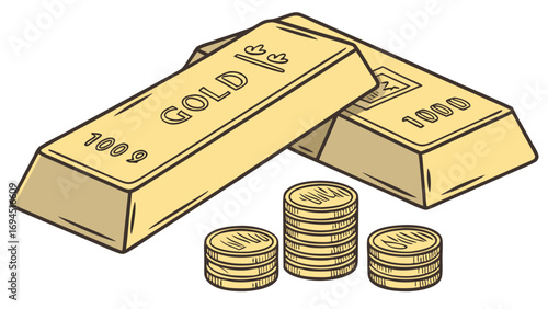 Illustrative depiction of two golden bars and three stacks of gold coins on a white background