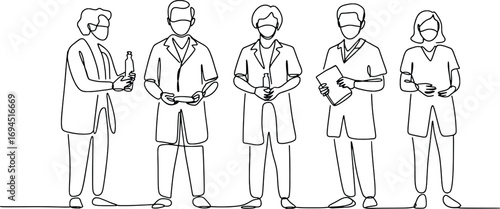 Five medical professionals standing together drawn in simple line sketch style