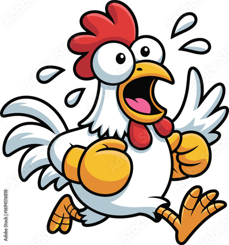 Flat vector illustration of a funny cartoon chicken running in panic, with wide eyes, flapping wings, and sweat drops flying
