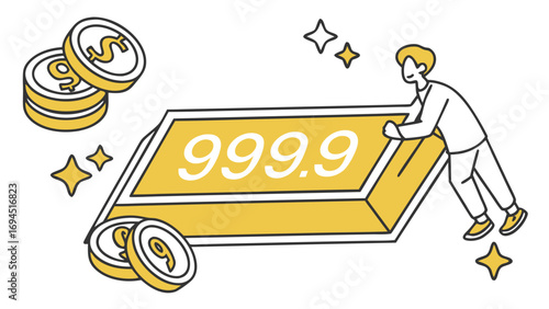 Man holding a large gold bar with 999 9 purity surrounded by gold coins and sparkling stars