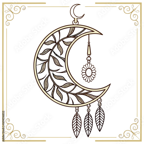 Ornate crescent moon with hanging flower and feather ornaments in decorative frame