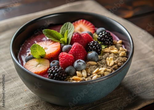 Colorful acai bowl with mixed berries and granola on top in a shallow dish