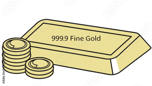 Shiny gold bar labeled 999 9 fine gold next to a stack of gold coins on a white background