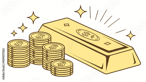 Shiny gold bar and stacks of coins with dollar signs symbolizing wealth and financial success