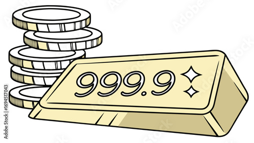 Shiny gold bar with 999 9 purity marking next to a stack of gold coins on a white background