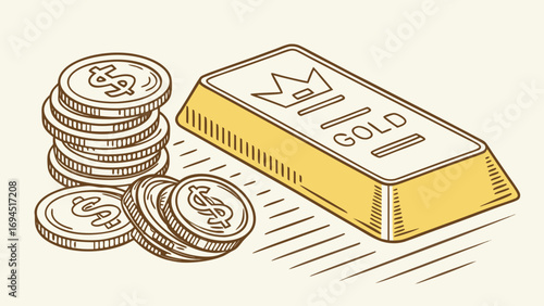Stylized illustration of a gold bar and stacked coins with dollar signs representing wealth and financial success