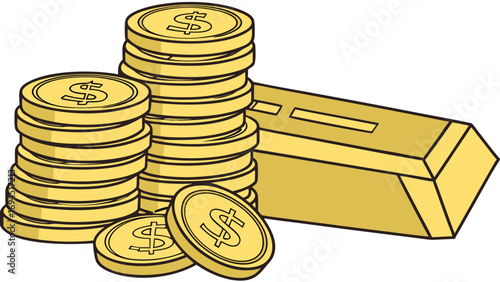 Stacks of gold coins and a gold bar representing wealth and financial success