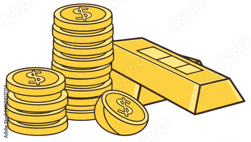 Stacks of golden dollar coins and shiny gold bars representing wealth and financial success