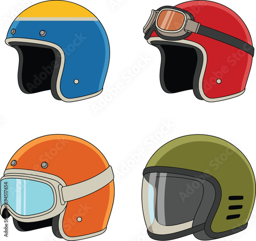 Cartoon helmet collection, vintage and modern styles, motorcycle gear, goggles and visors, vector illustration, protective headwear, racing, safety design