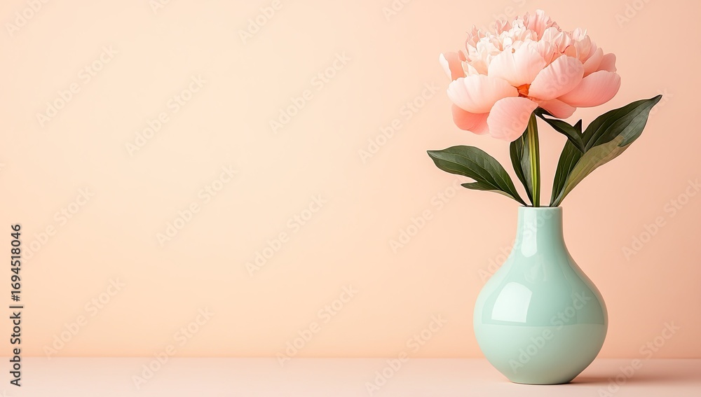 Fototapeta premium Photo of a pastel pink peony in an empty pale blue vase on the right side, against a plain light peach background
