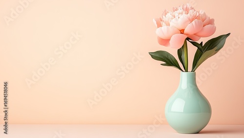 Photo of a pastel pink peony in an empty pale blue vase on the right side, against a plain light peach background
