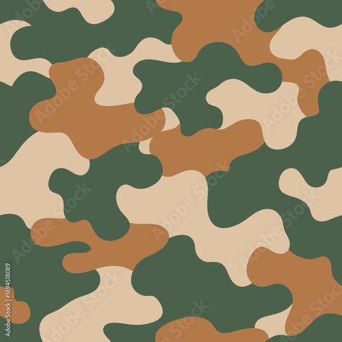 Seamless military camouflage pattern with organic shapes in a classic woodland color palette