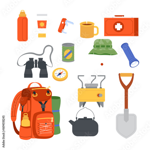 Set Camping and Hiking Gear Collection for Outdoor Adventures