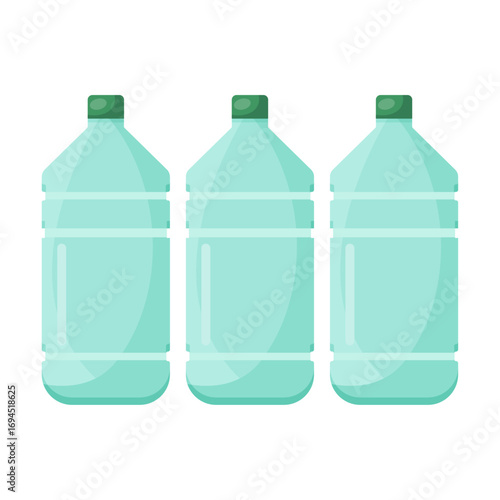 Clear plastic water bottles with green caps, isolated on white background