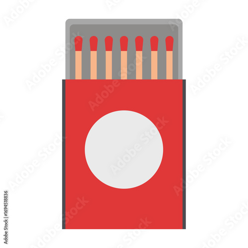 Open red box of wooden safety matches with a blank circular label