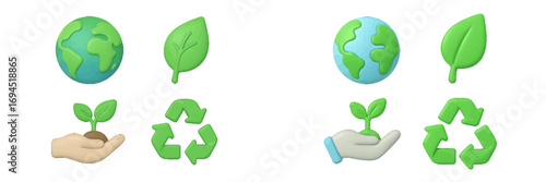 Eco friendly environmental protection and sustainability icons set with earth globe leaf plant and recycling symbol