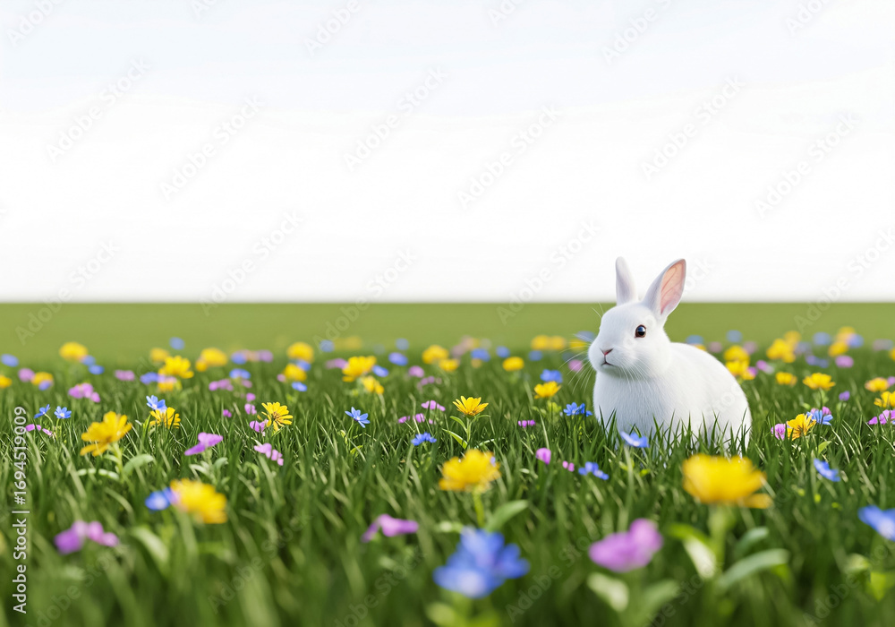 Fototapeta premium A cute white rabbit sits in a vibrant meadow of colorful wildflowers, set against a simple, clean background with ample copy space.