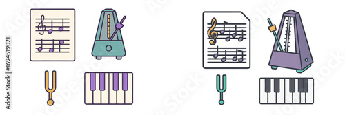 Music theory and instrument icons featuring sheet music metronome tuning fork and piano keyboard