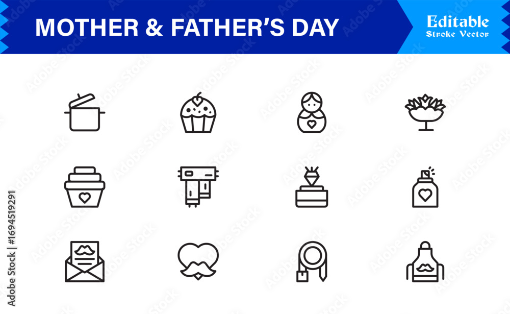 Fototapeta premium Mother And Father’s Day Line Icon Set – Modern Minimal Family Symbols, Parent Appreciation Line Icon Collection