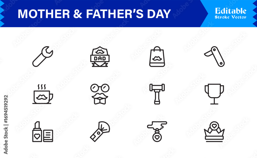 Fototapeta premium Mother And Father’s Day Line Icon Set – Modern Minimal Family Symbols, Parent Appreciation Line Icon Collection