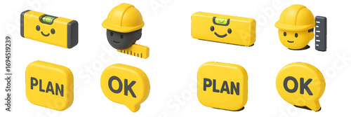 3D construction set with worker, hard hat, spirit level, ruler, plan button, and OK speech bubble for building and engineering projects