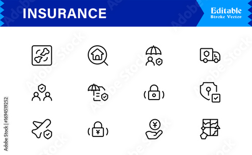 Professional Insurance Line Icon Set Featuring Modern, Minimal, Unique Designs for Clear, Premium Visuals in Finance, Risk, and Protection Concepts