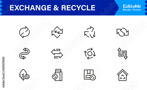 Exchange and Recycle Symbols Icons – Modern Professional Line Icon Set Featuring Minimal Vector Design for Environmental and Sustainability Themes