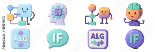 Collection of 3D rendered icons representing software development, data algorithms, and machine learning with friendly robot characters and symbols