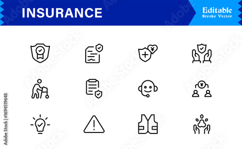 Professional Insurance Line Icon Set Featuring Modern, Minimal, Unique Designs for Clear, Premium Visuals in Finance, Risk, and Protection Concepts