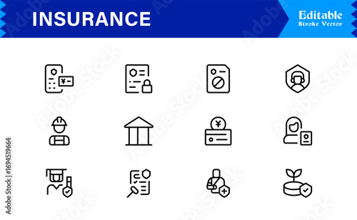 Professional Insurance Line Icon Set Featuring Modern, Minimal, Unique Designs for Clear, Premium Visuals in Finance, Risk, and Protection Concepts