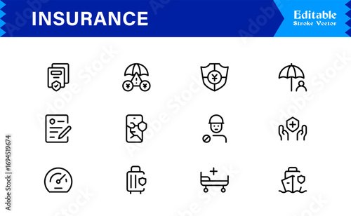 Professional Insurance Line Icon Set Featuring Modern, Minimal, Unique Designs for Clear, Premium Visuals in Finance, Risk, and Protection Concepts