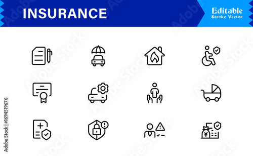 Professional Insurance Line Icon Set Featuring Modern, Minimal, Unique Designs for Clear, Premium Visuals in Finance, Risk, and Protection Concepts